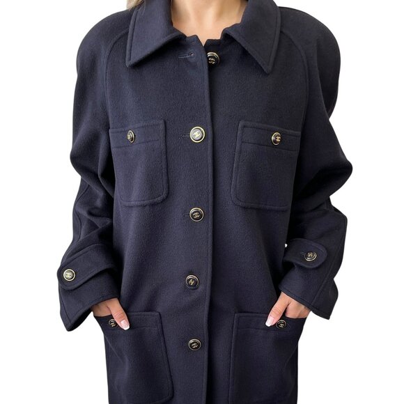 CHANEL Vinatage 95A CC Logo Button Coat Jacket #38 Cashmere Dark Blue [106350] - Picture 1 of 12